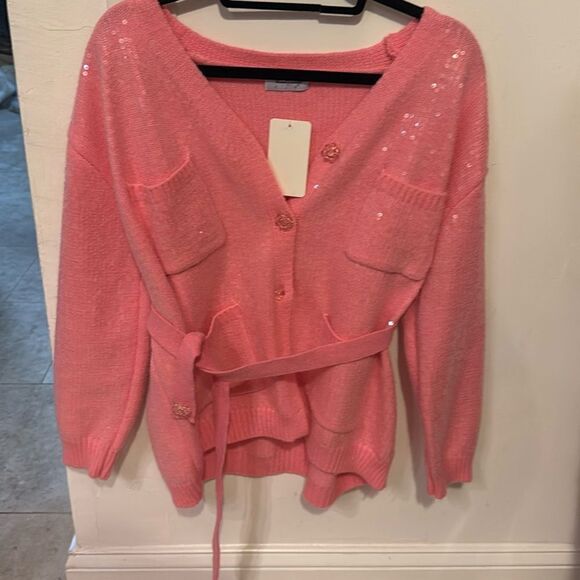 Sweaters - Pink Sequin Cardigan - BRAND NEW - 4 Front Pockets - Flower Buttons - Size Small